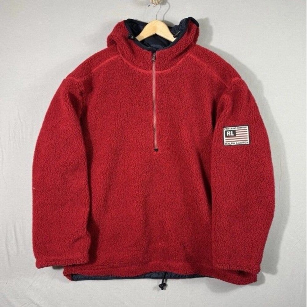 Vintage Polo Jeans Ralph Lauren Red Reversible Fleece Sherpa Jacket Sz L‎ Flawed